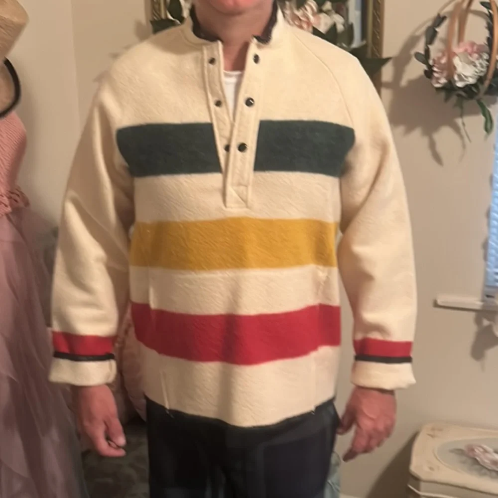 Vintage iconic Lands End Hudson Bay stripe wool pullover blanket sweater coat - Picture 1 of 5